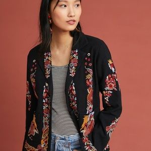 Anthropologie Black Floral Embroidered Blazer